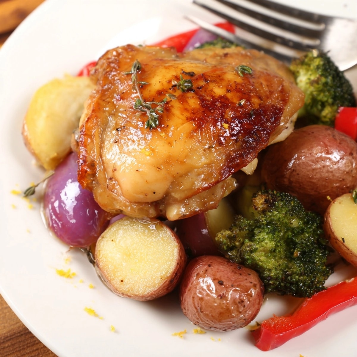 Honey Lemon Roasted Chicken Sheet Pan with golden veggies, glistening in tangy marinade after roasting.