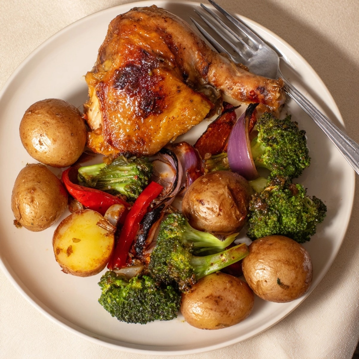 Juicy Honey Lemon Roasted Chicken Sheet Pan dinner, served fresh with caramelized broccoli and colorful bell peppers.
