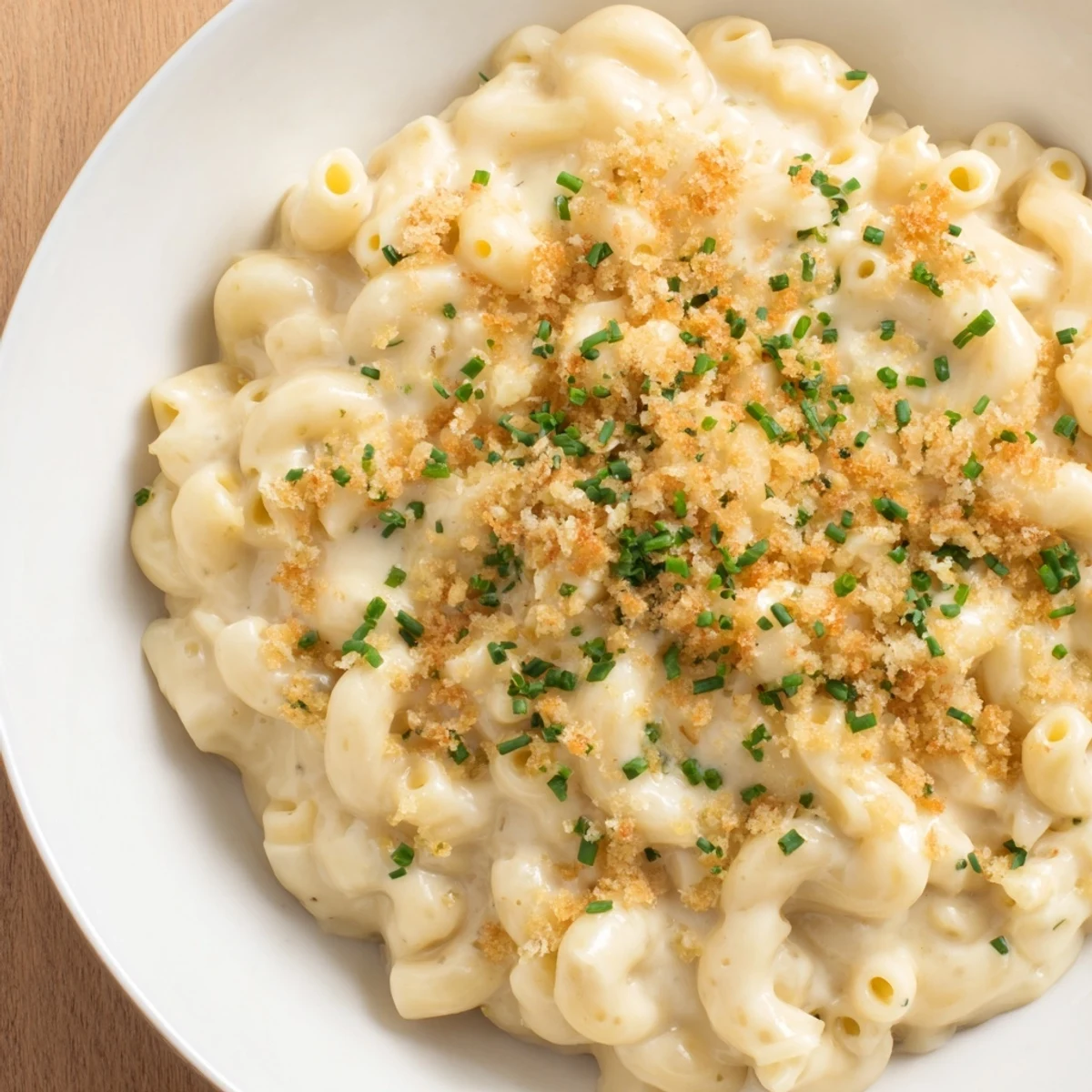 Homemade Stove-Top Mac and Cheese, featuring a velvety cheese sauce, garnished with fresh chives, ready to eat.