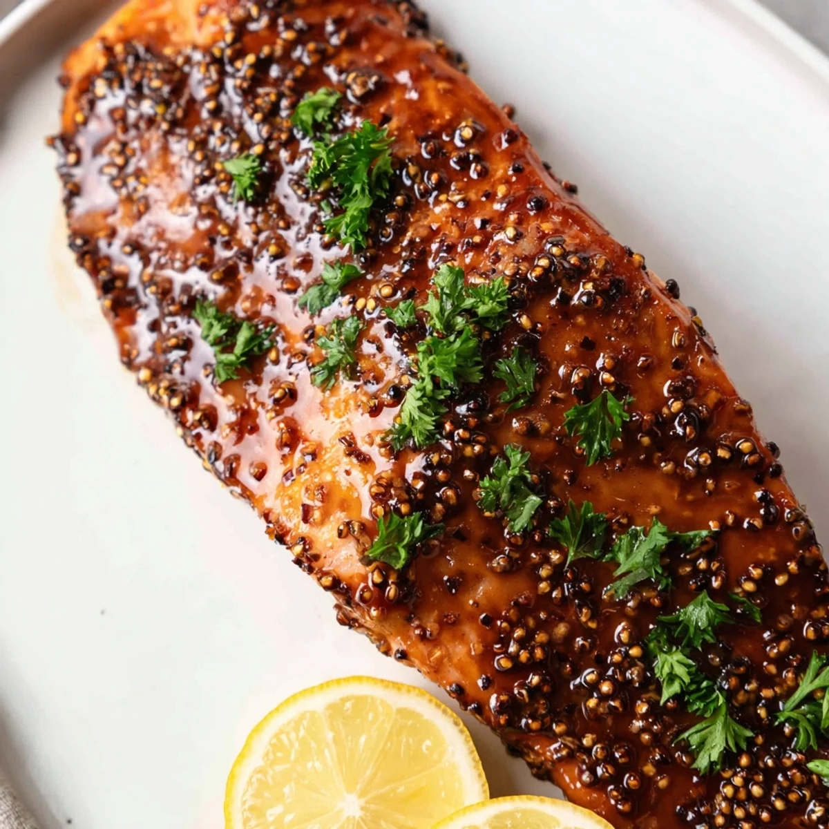 Flaky Honey Mustard Glazed Salmon, glistening and flavorful, ready to be served with lemon wedges.