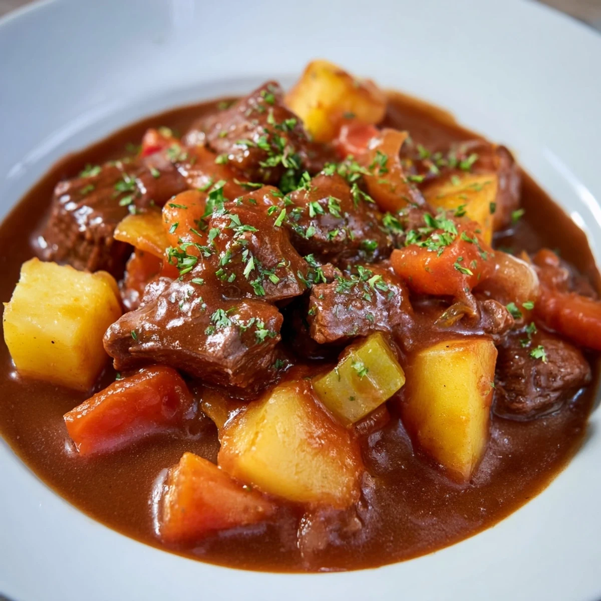 Hearty, rich, and delicious pressure cooker beef and vegetable stew, ready to serve with crusty bread.