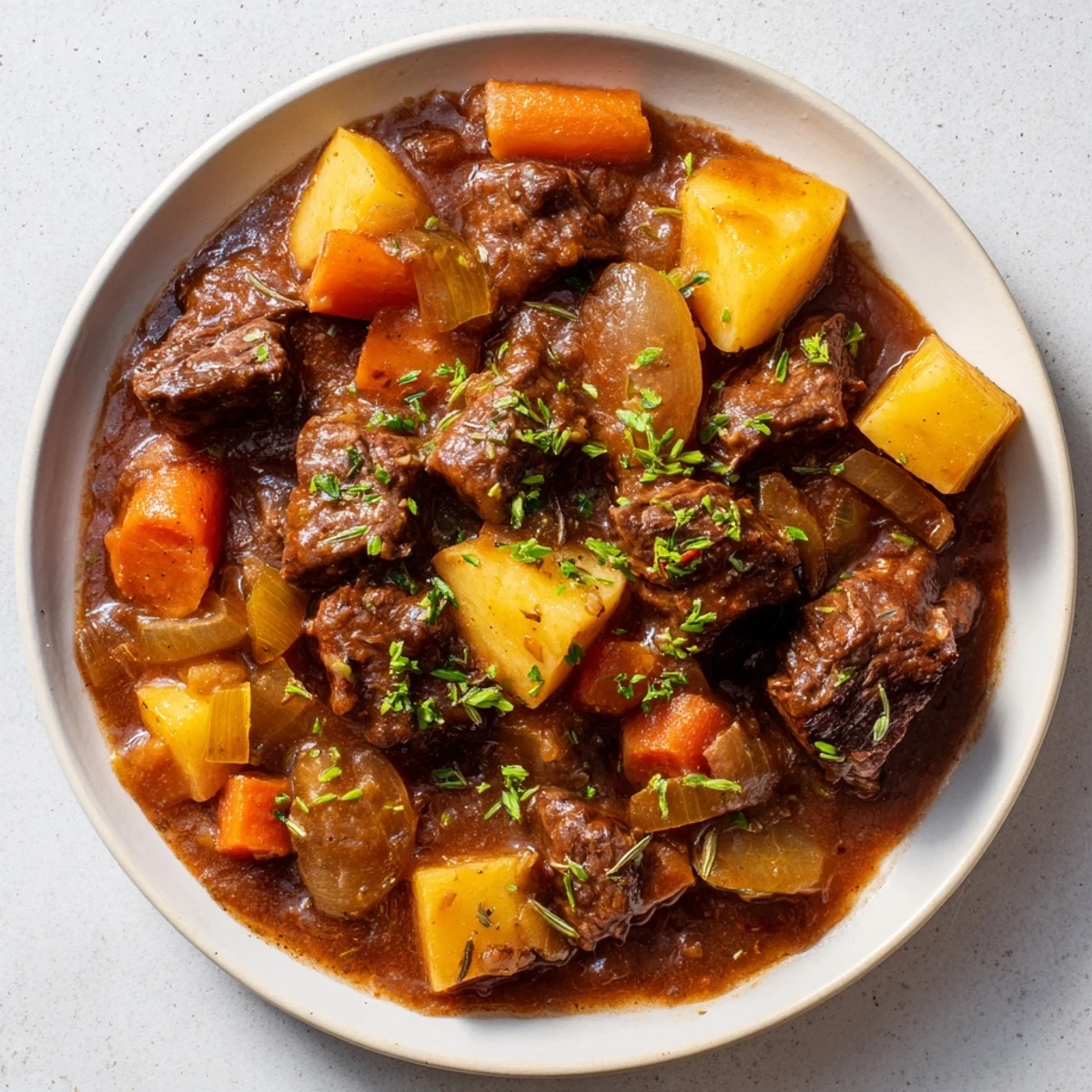 Steaming hot bowl of pressure cooker beef and vegetable stew, perfect for a cozy dinner.