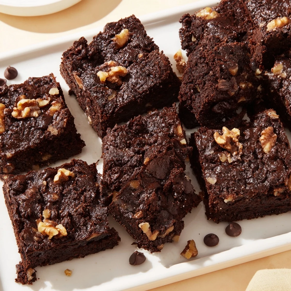 Warm, fudgy walnut brownies in a baking pan, showcasing their rich chocolate aroma and walnut topping.
