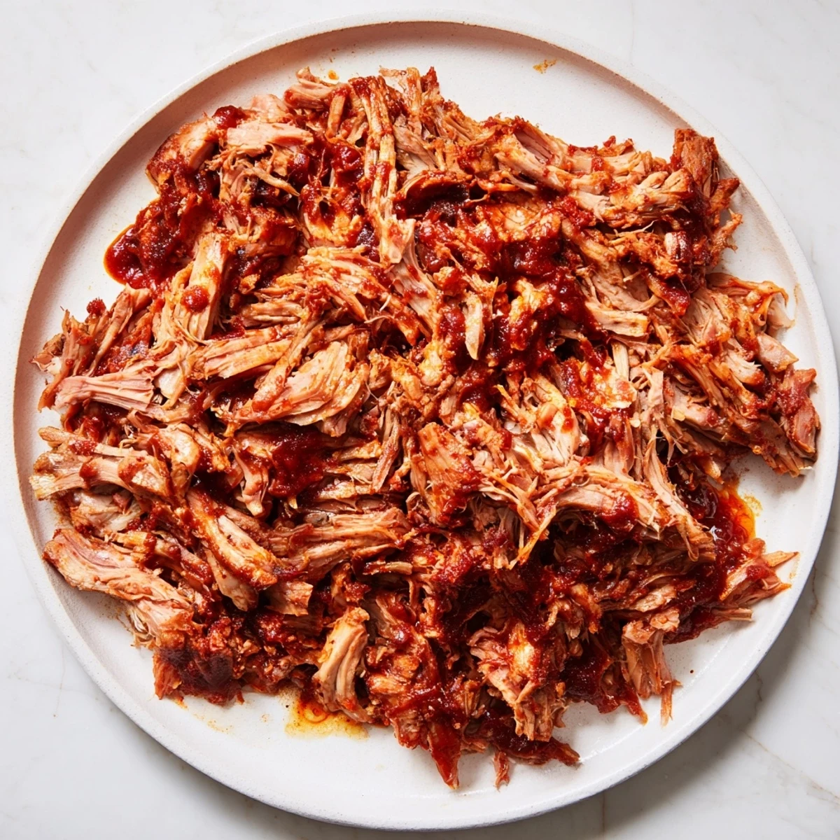 Golden, glistening 5-Ingredient BBQ Pulled Pork, slow-cooked to perfection, swimming in rich barbecue sauce.