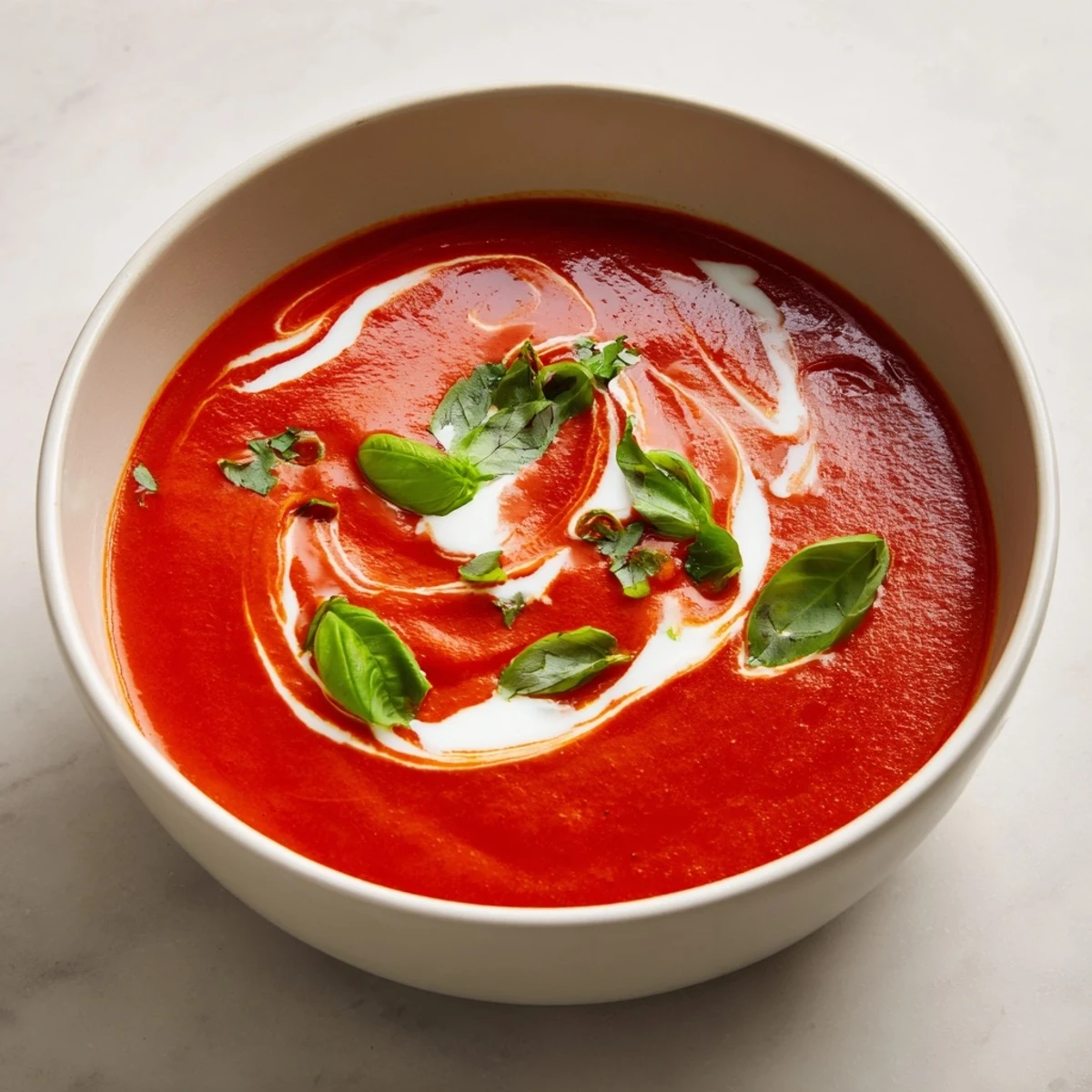Enjoy a velvety smooth bowl of classic tomato and basil soup, perfect for cozy lunches.