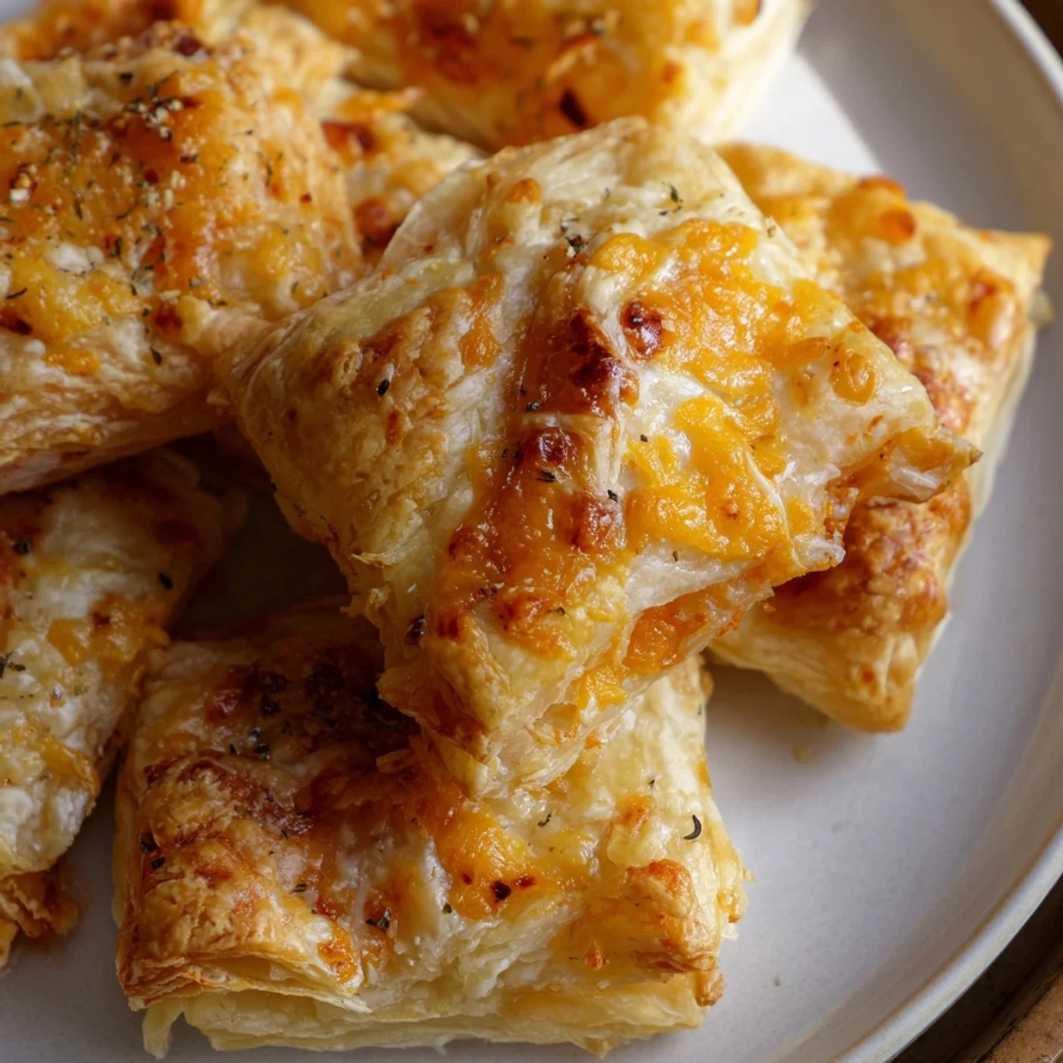 Close-up of baked Cheese and Spice Puff Pastry Bites, showing a cheesy, spiced filling and crisp layers.