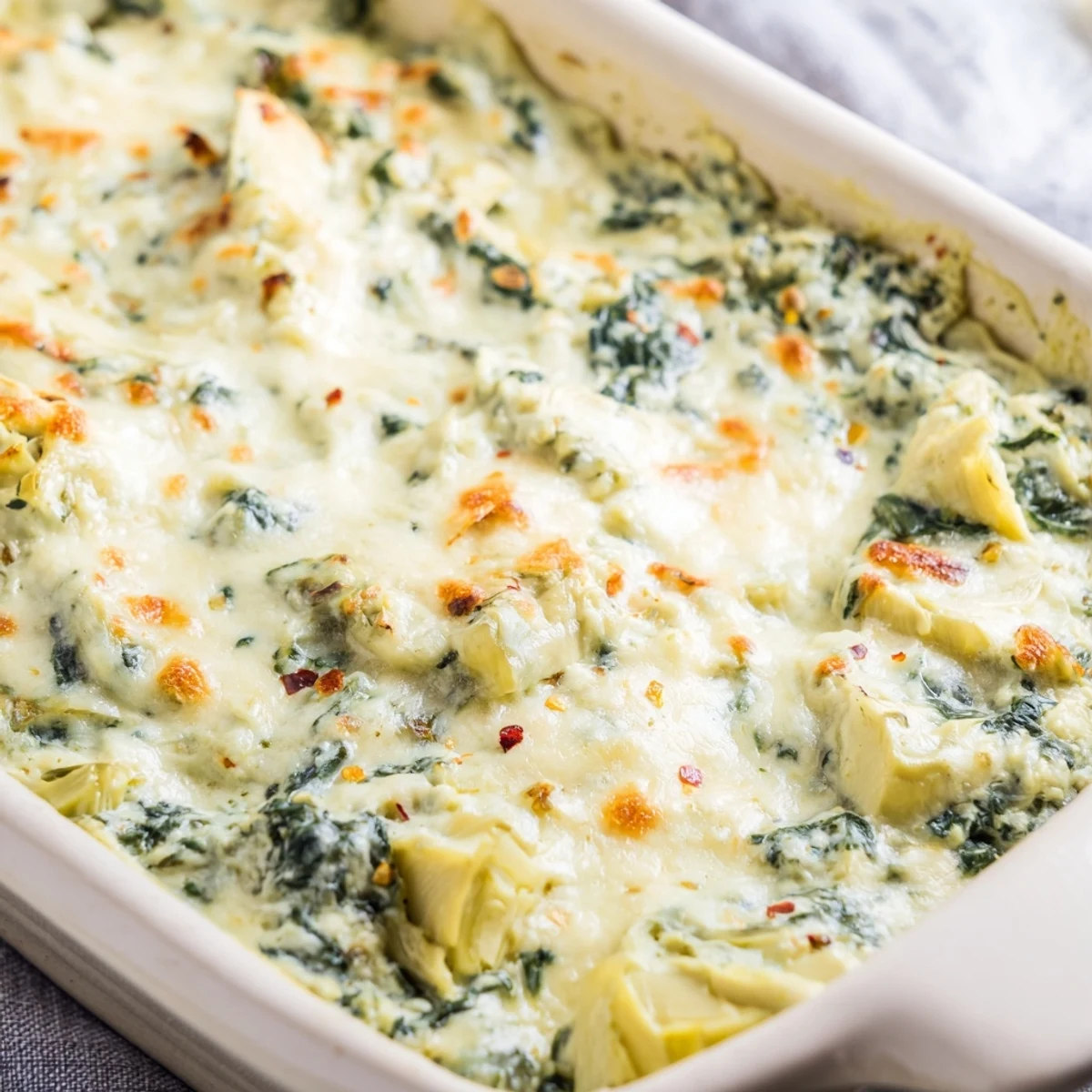 Warm Spinach and Artichoke Dip, bubbly and golden, ready and inviting with toasted baguette slices.