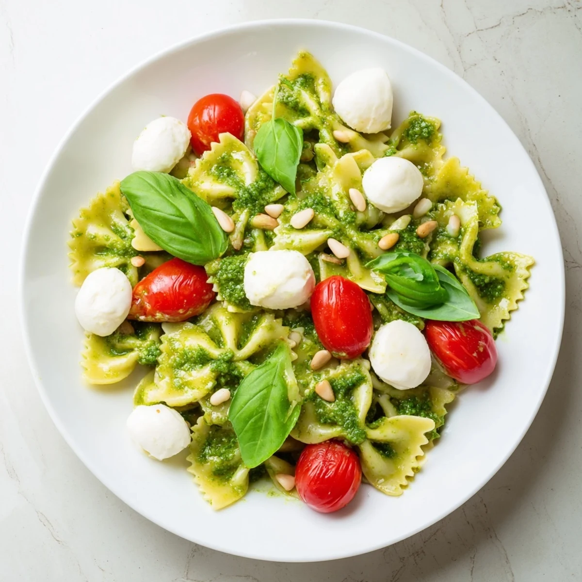 Chilled cold pasta salad with pesto, mozzarella, and juicy red cherry tomatoes for a delicious lunch.