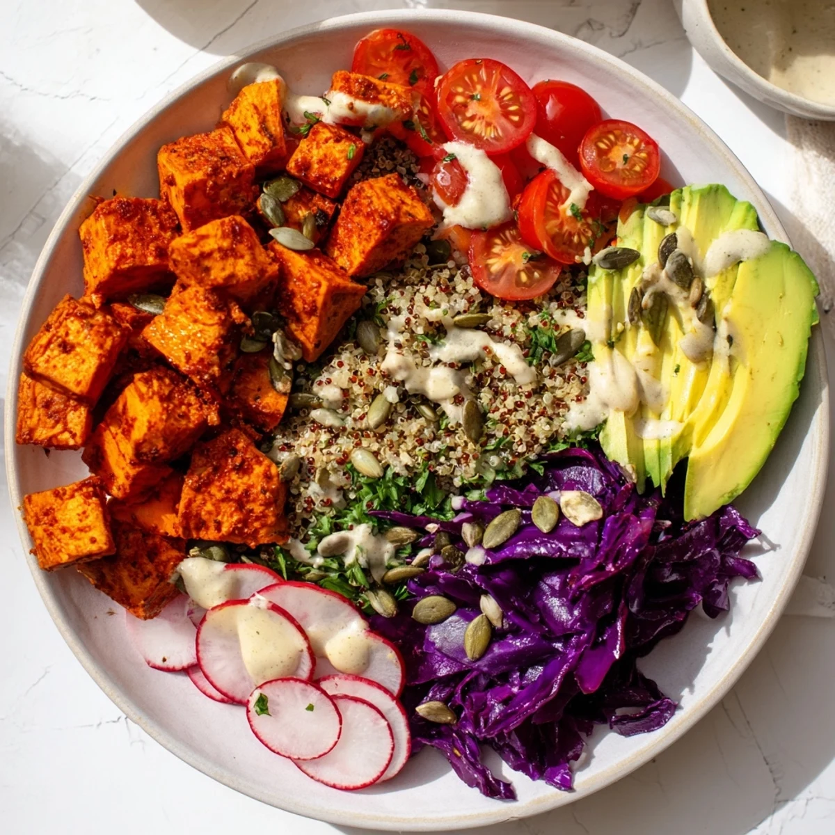 Vibrant Complete Veggie Bowl featuring roasted sweet potatoes, fresh greens, and creamy tahini dressing.