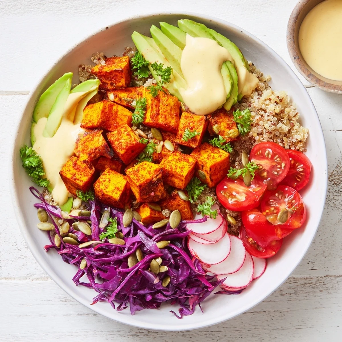 A hearty Complete Veggie Bowl, filled with quinoa, avocado, and drizzled with a delicious tahini sauce.