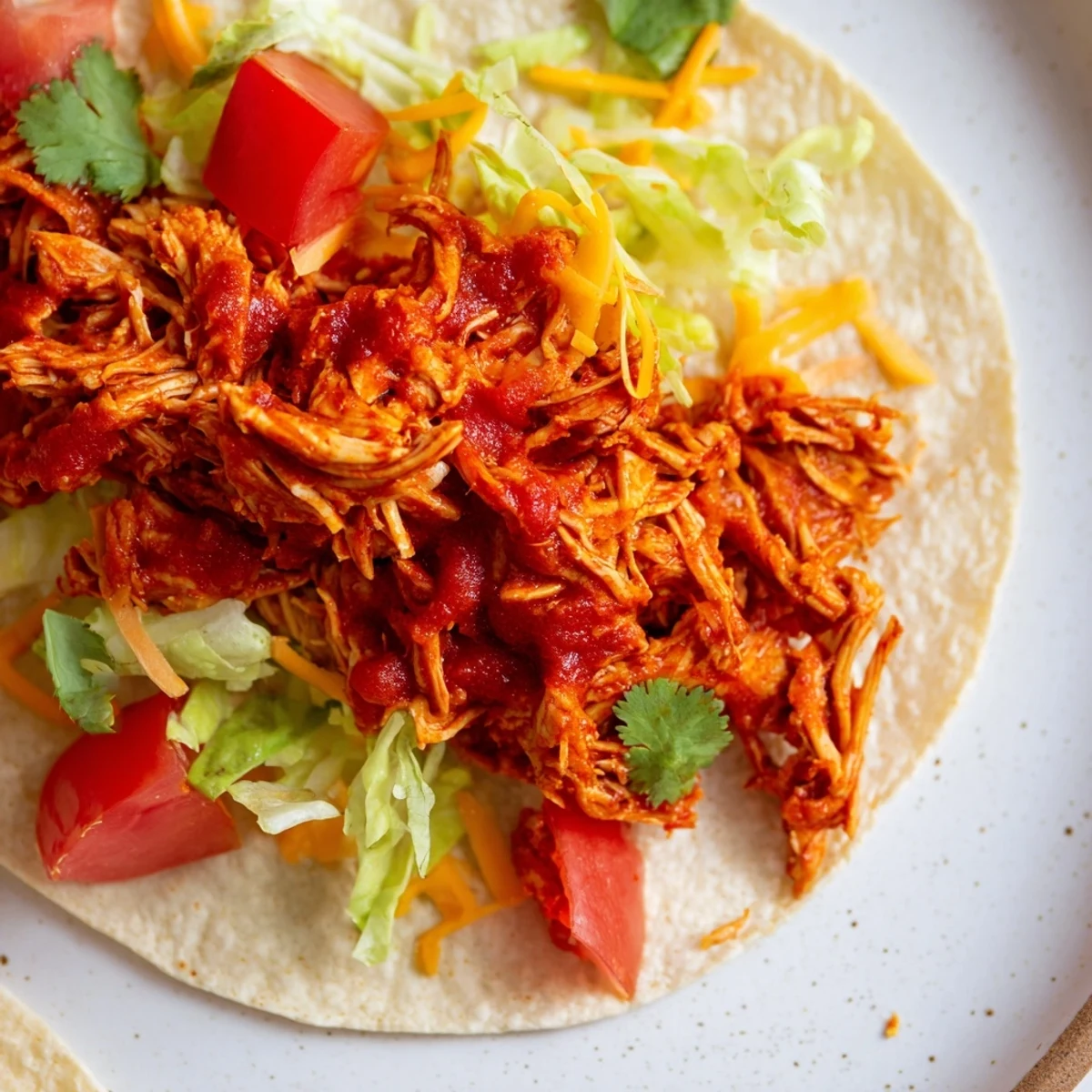 A close-up shot of juicy Slow Cooker Shredded Chicken Tacos, ready for fresh toppings.