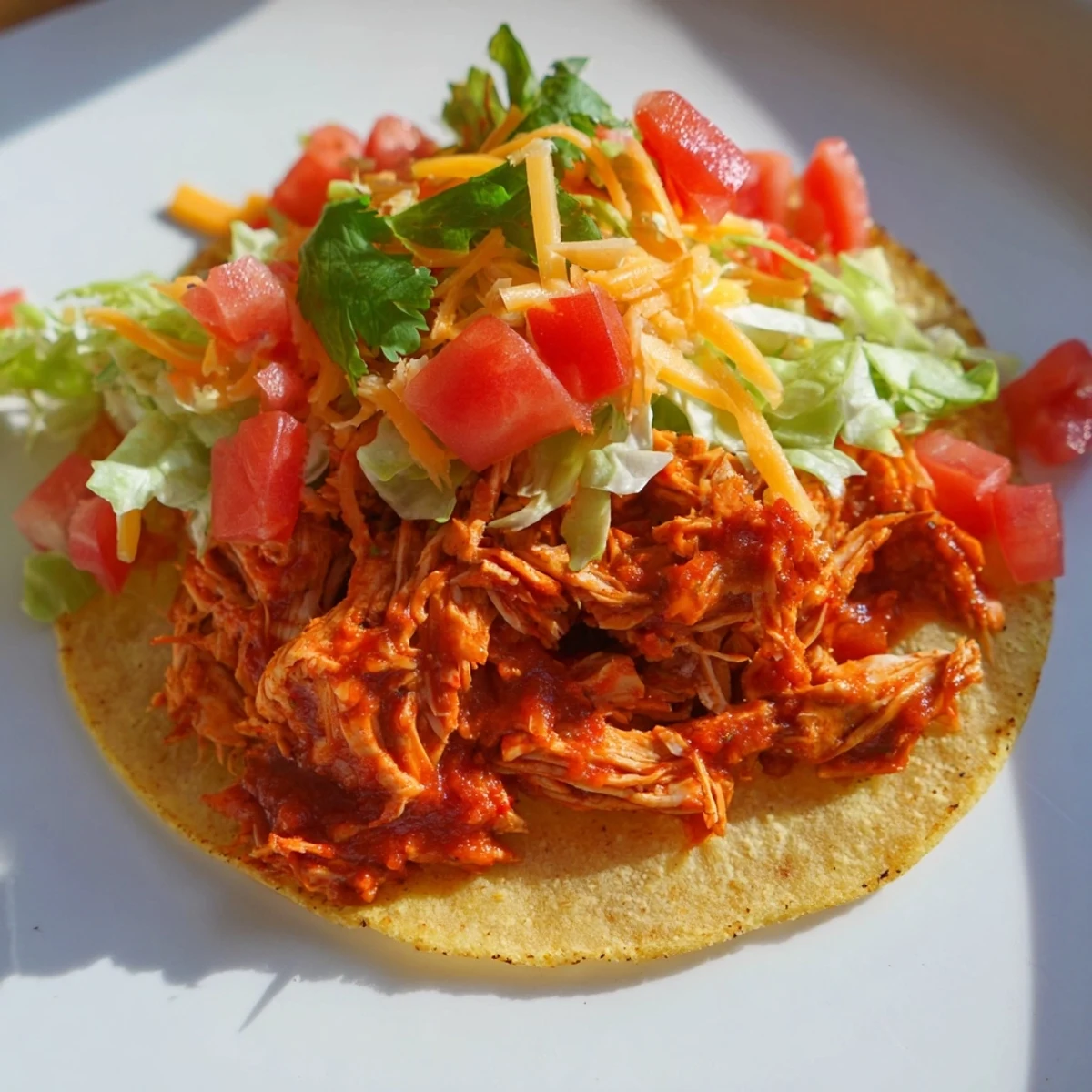 Golden corn tortillas overflowing with hearty Slow Cooker Shredded Chicken Tacos and vibrant toppings.
