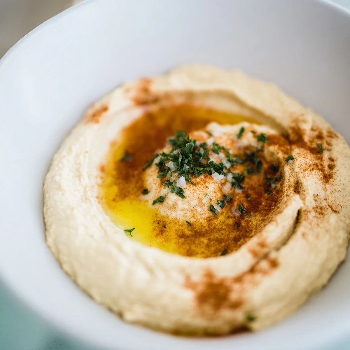 Creamy Perfect 5-Minute Homemade Hummus, garnished with paprika and olive oil, is ready to serve.