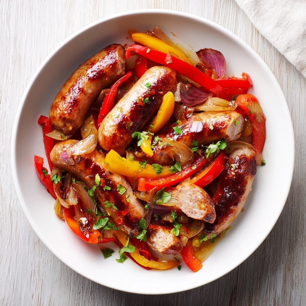 Golden brown sheet pan Italian sausage, peppers, and onions, perfect for a quick weeknight Italian meal.