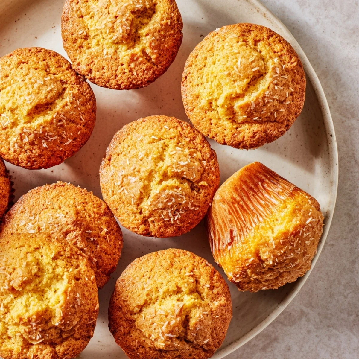 A close-up of fluffy sheet pan English muffins, fresh from the oven, offering delicious texture.