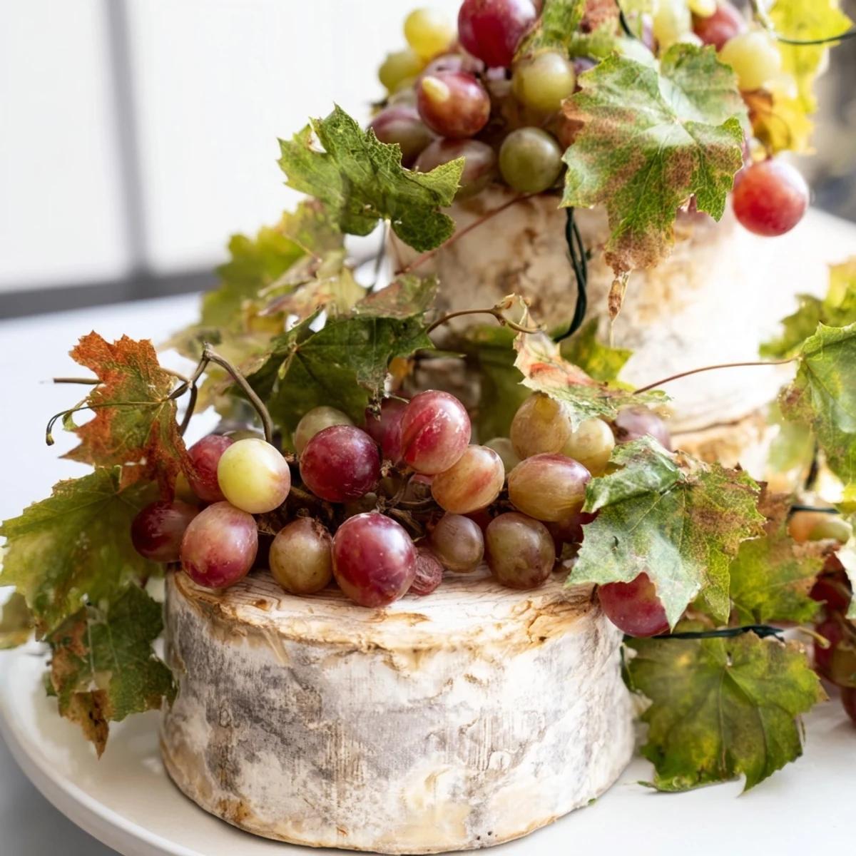 Close-up of a Rustic Vineyard cheese arrangement overflowing with fresh grapes and rustic cheese.