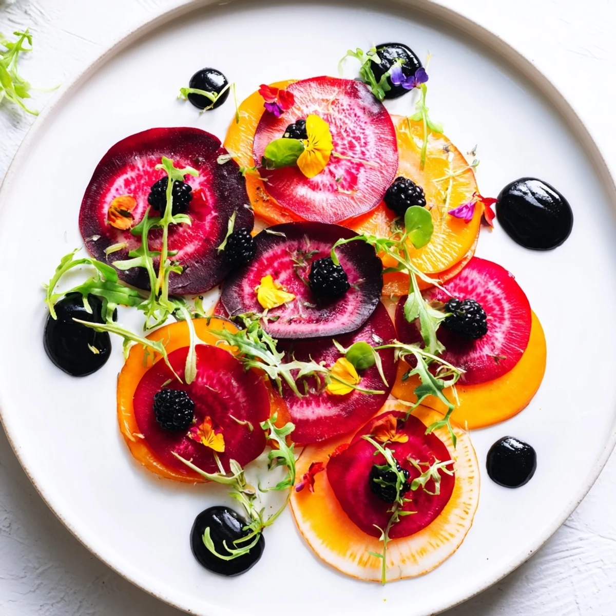 A beautiful The Shadow Play appetizer: layered beets, black olives, and microgreens create a visual feast.