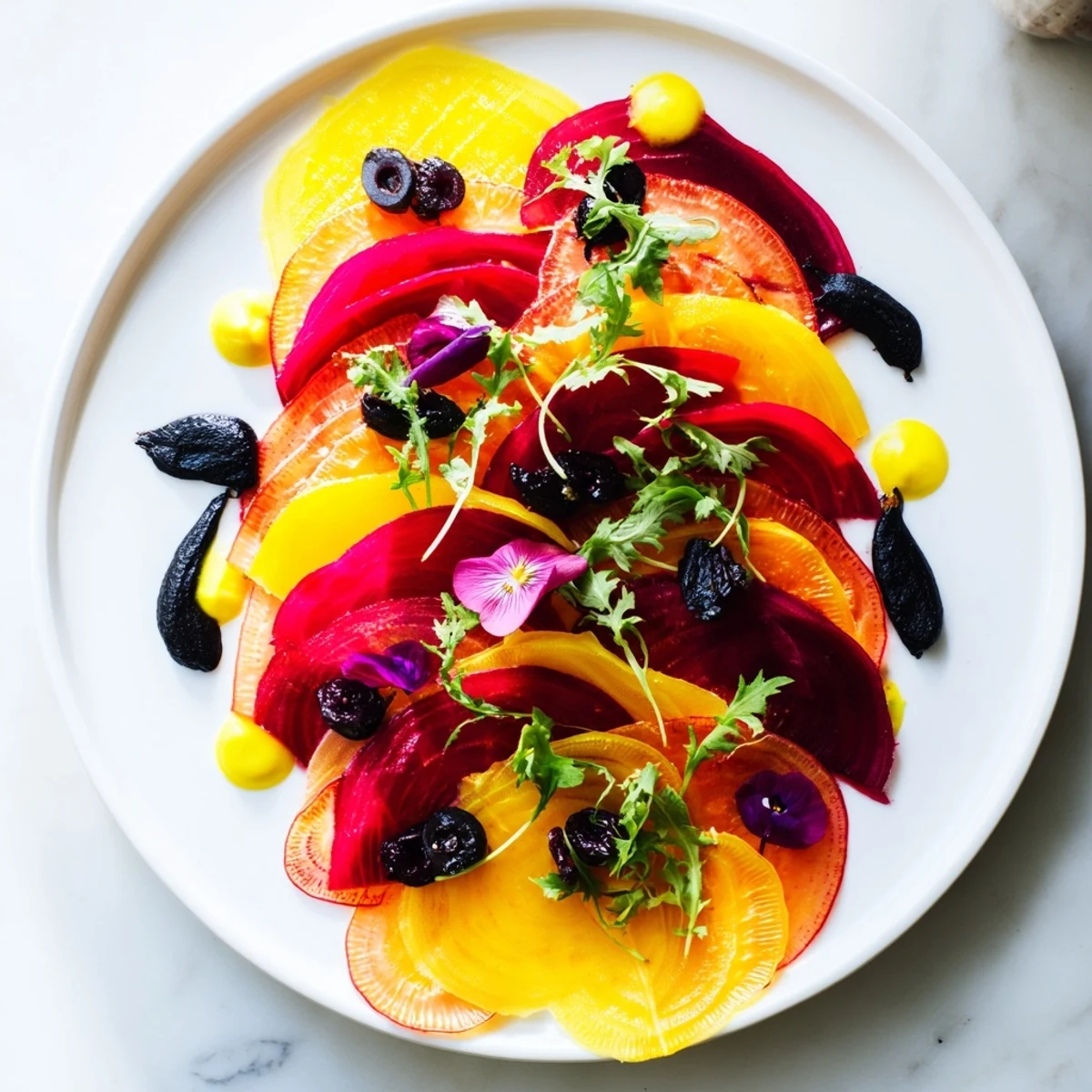 Vibrant photo shows The Shadow Play; golden beets and blackberries create intriguing shadows on the plate.