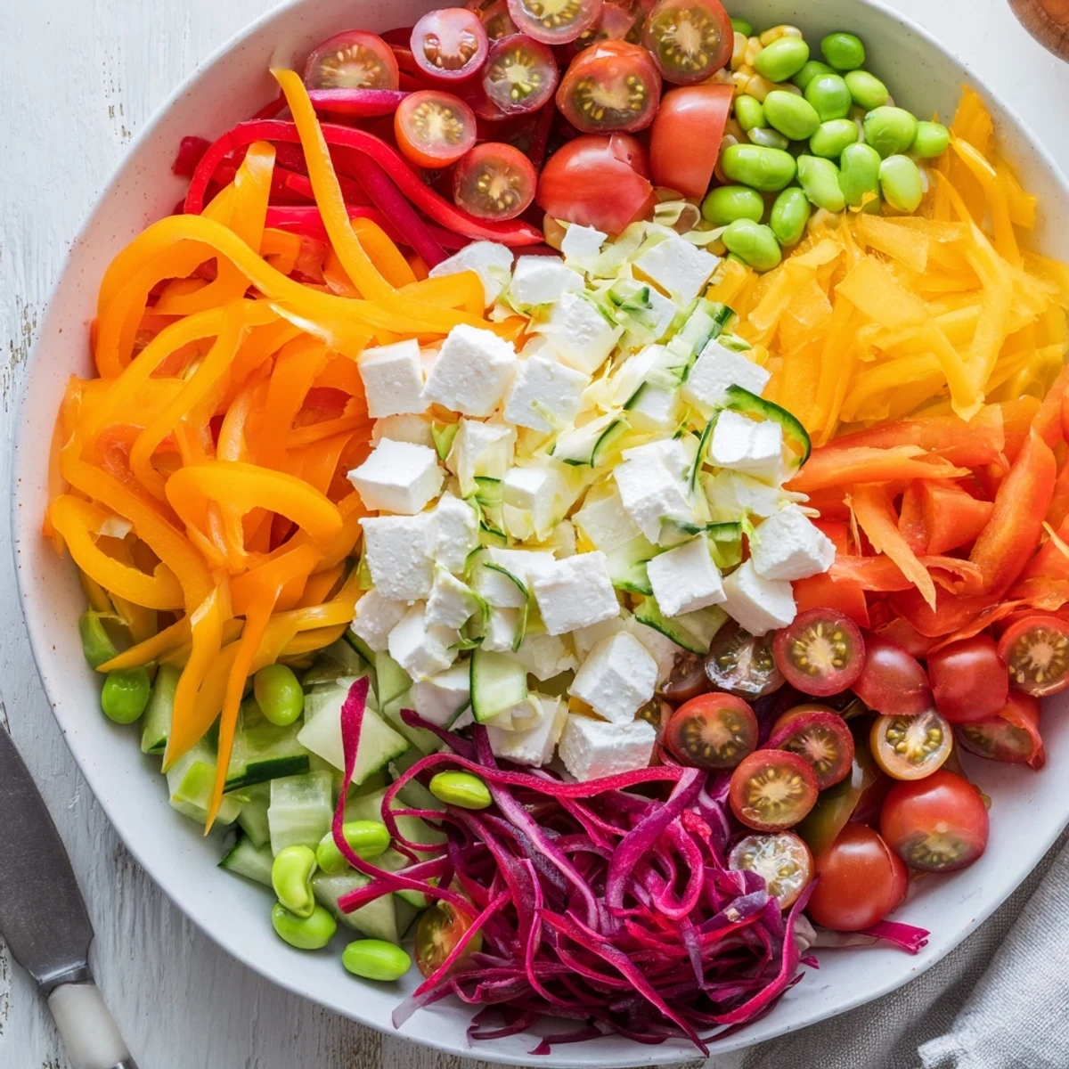 Vibrant The Prism Burst salad arrangement features a central white cheese base fanned out with colorful produce.