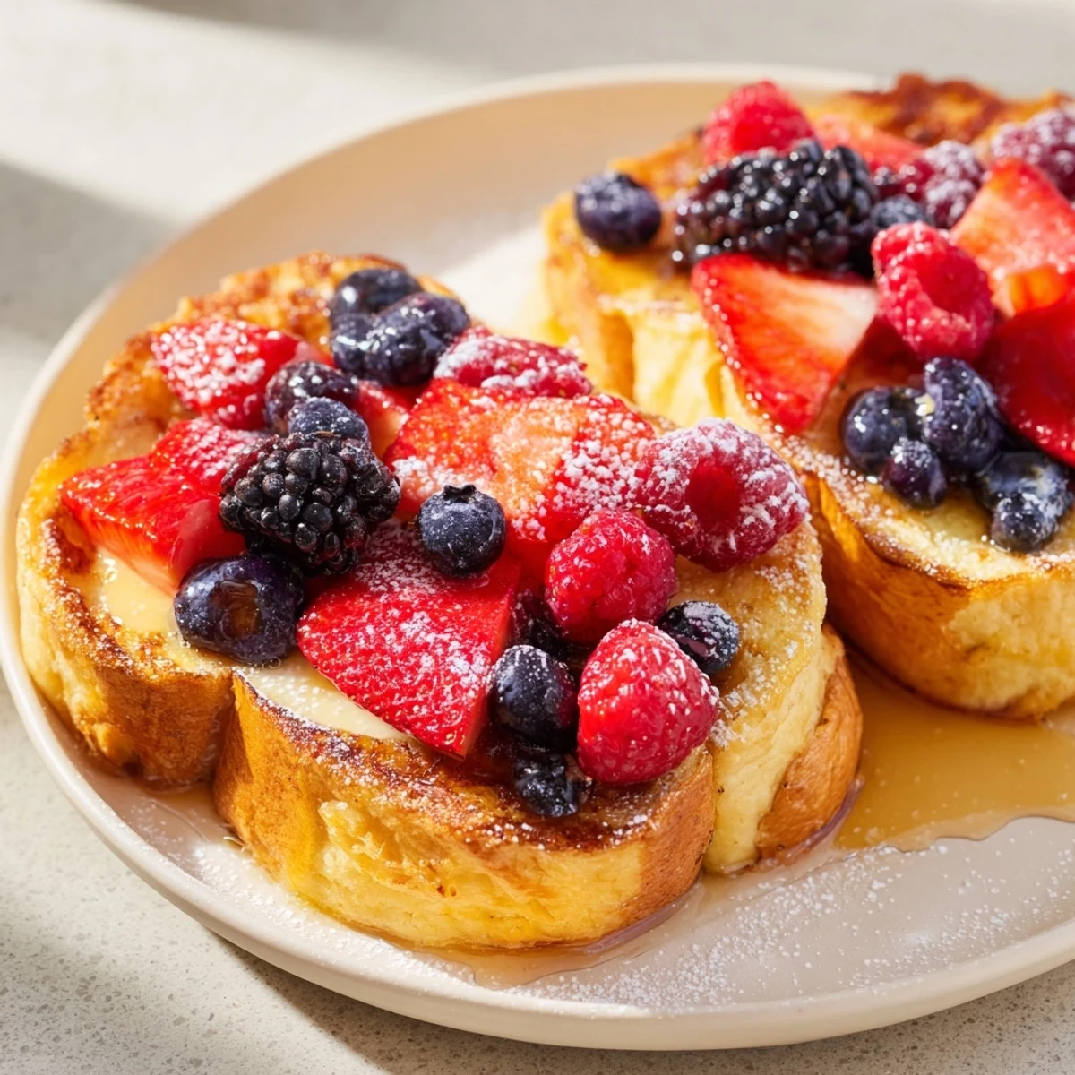 Golden French toast with berries and maple syrup, a delightful brunch, ready to enjoy.