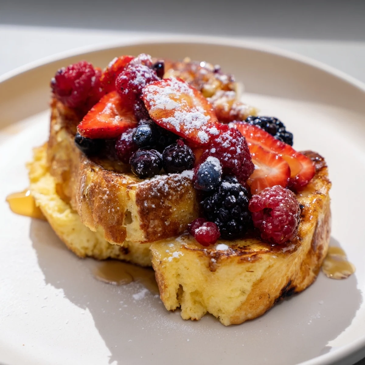 Picture fluffy French toast recipe loaded with fresh berries, drizzled with sweet maple syrup.