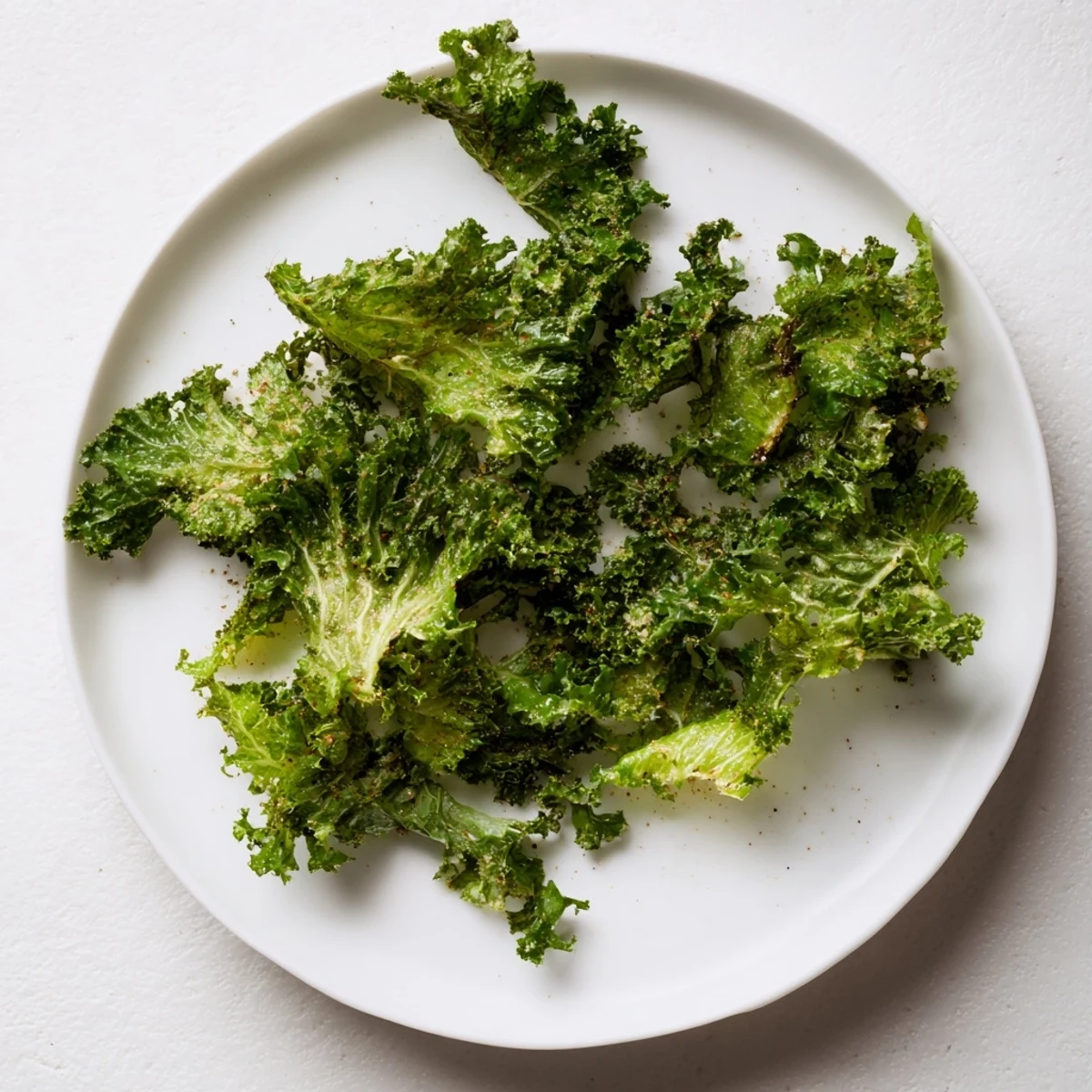 Close-up of perfectly seasoned oven-baked kale chips, a healthy vegan snack with a satisfying crunch.