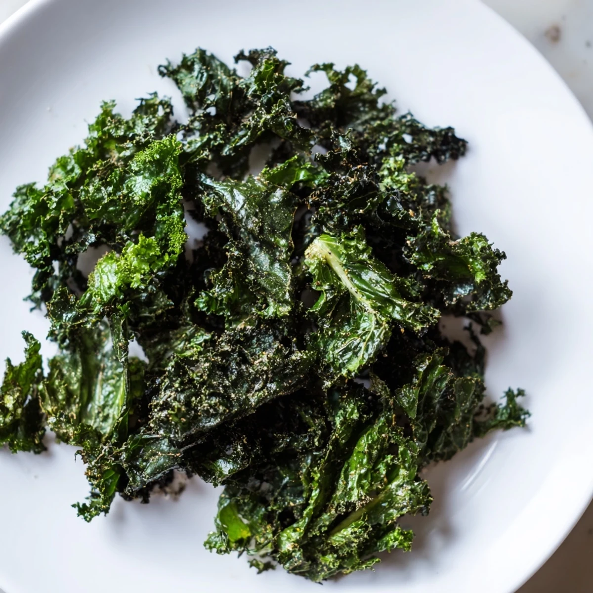 Freshly prepared, crispy kale chips, seasoned and ready to eat, a quick and delicious American snack.