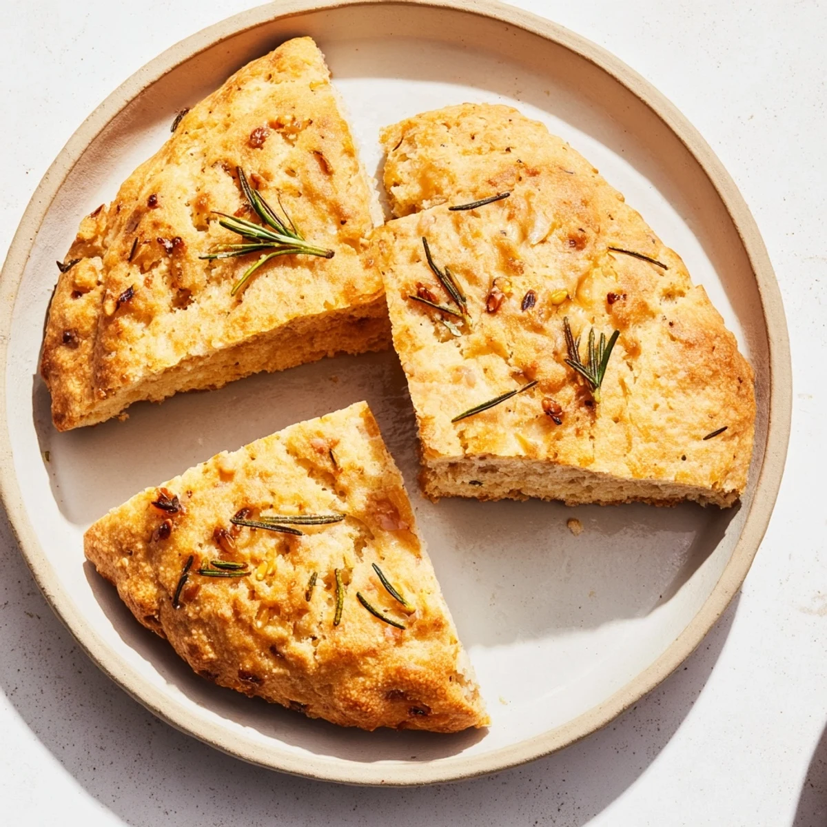 Freshly baked Yeast-Free Garlic and Rosemary Bannock Bread with visible bits of rosemary on its crispy crust.