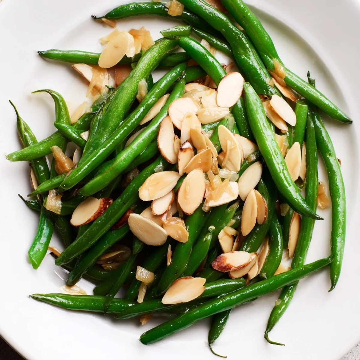 Sautéed Green Beans with Garlic and Almonds featuring bright green beans and toasted almonds, ready to serve.