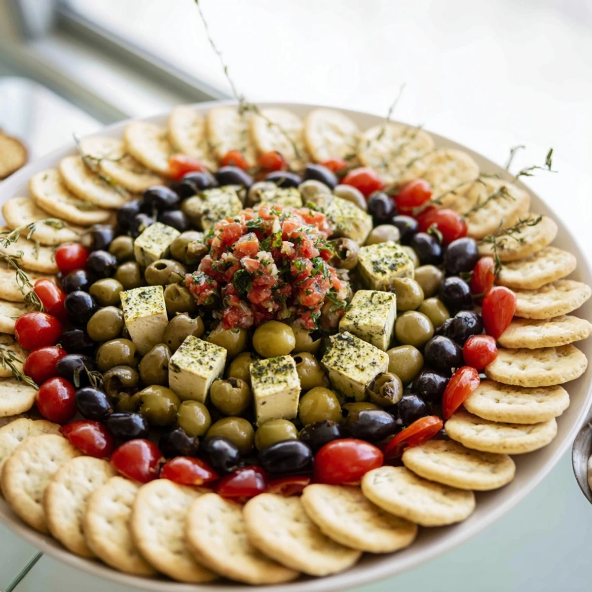 Close-up view of The Roman Colosseum Snack Platter displaying olives as gladiators inside the cracker arena.