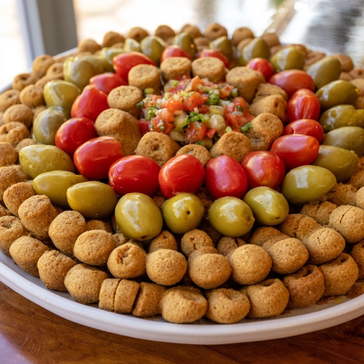 Crisp crackers form The Roman Colosseum Snack Platter with mixed olives, a delightful Italian-inspired appetizer.