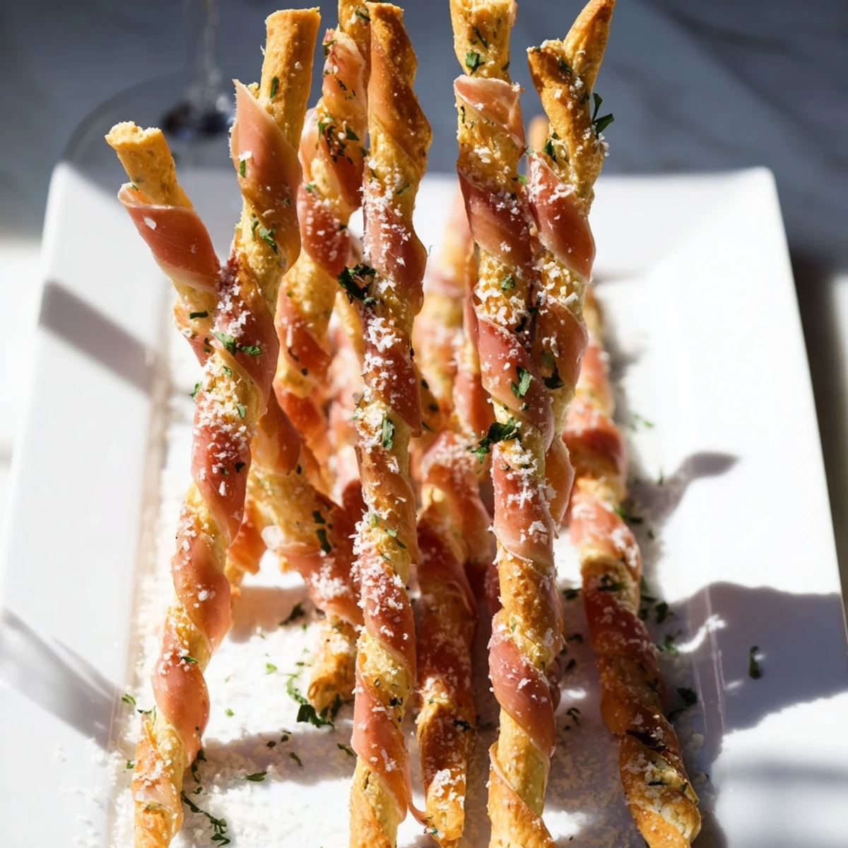 Savory prosciutto ribbons draped between breadstick towers, forming a delicious Golden Gate appetizer.