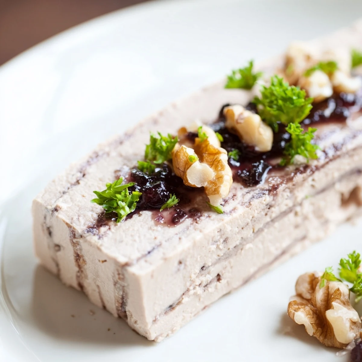 A vibrant, layered Velvet Underground appetizer, creamy pâté beneath swirls of fig jam and nuts.