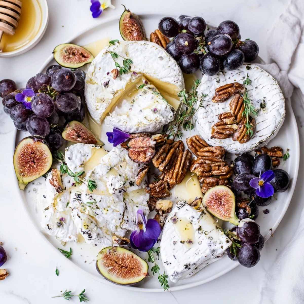 A beautifully arranged The Lavender Haze cheese platter with honey drizzle, figs, and grapes.