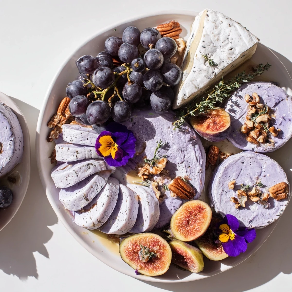 Elegant The Lavender Haze cheese board: ash-rinded brie, goat cheese, grapes and edible flowers.