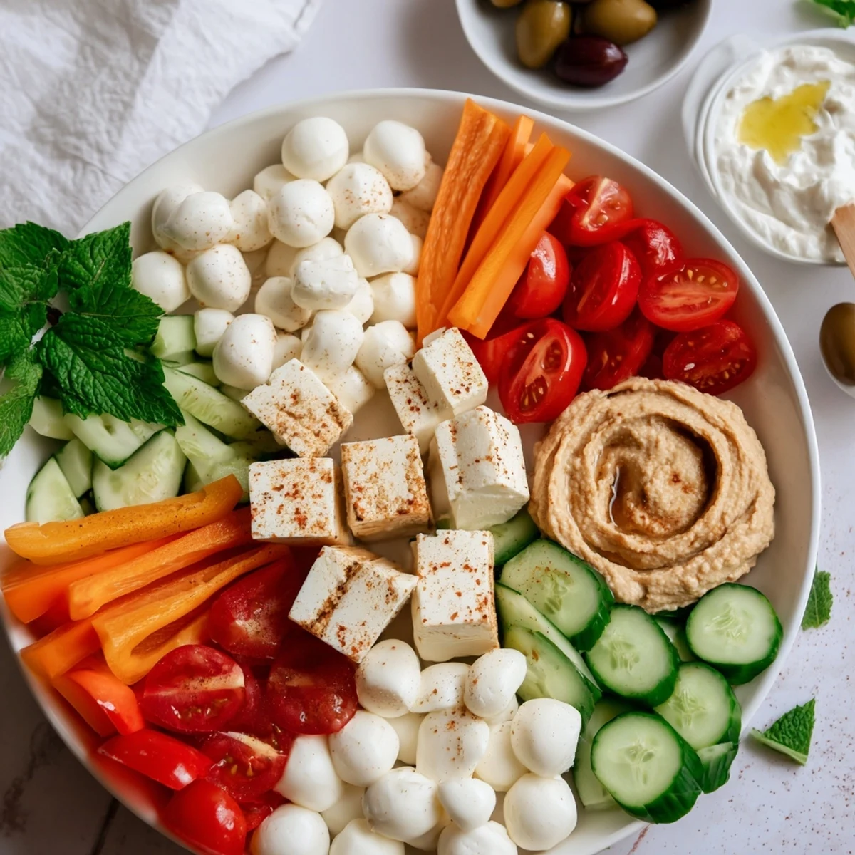 Sun-Drenched Patio mezze platter with feta, cucumbers, and fresh herbs, ready to be enjoyed.