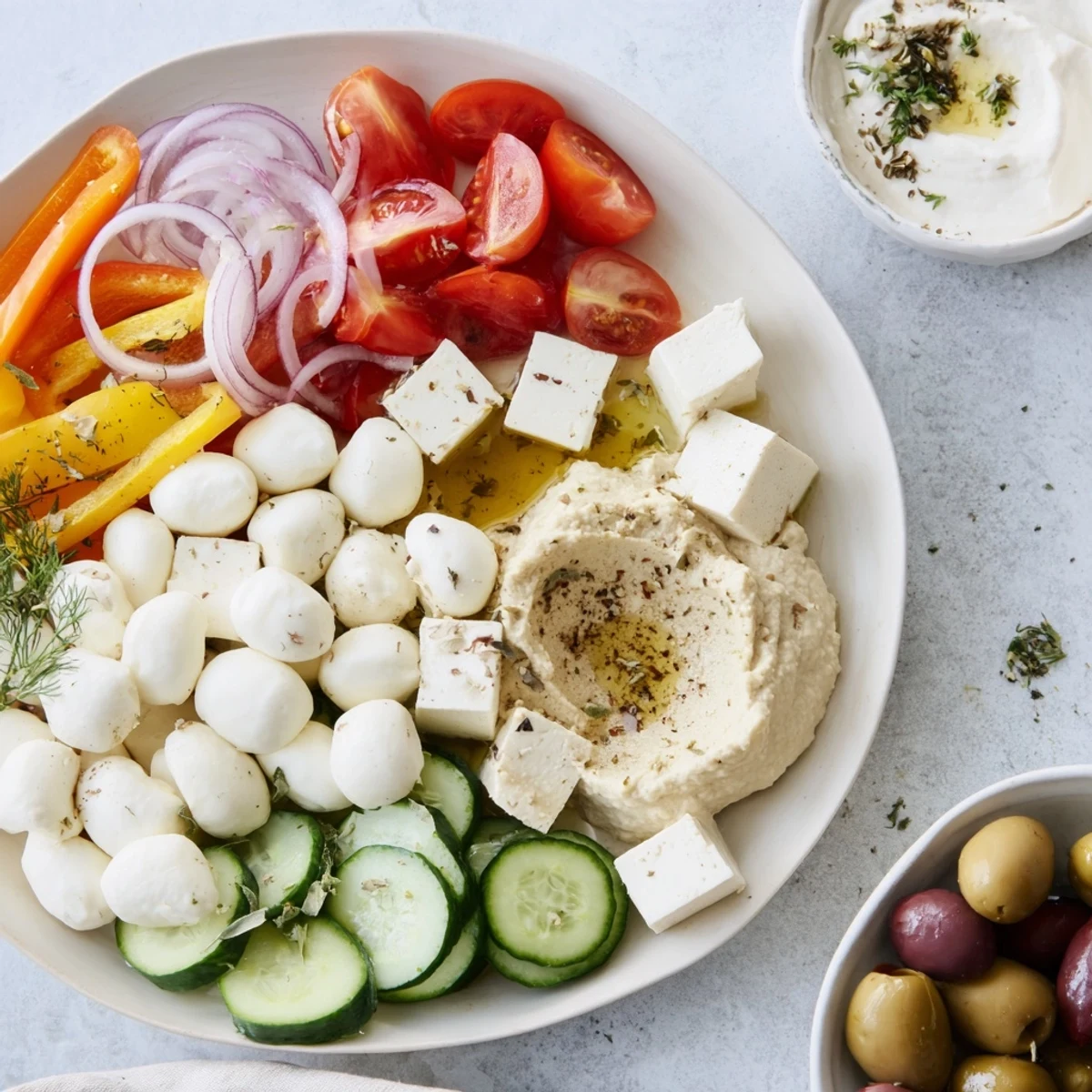 Bright presentation of a Sun-Drenched Patio mezze featuring fresh veggies and creamy dips.