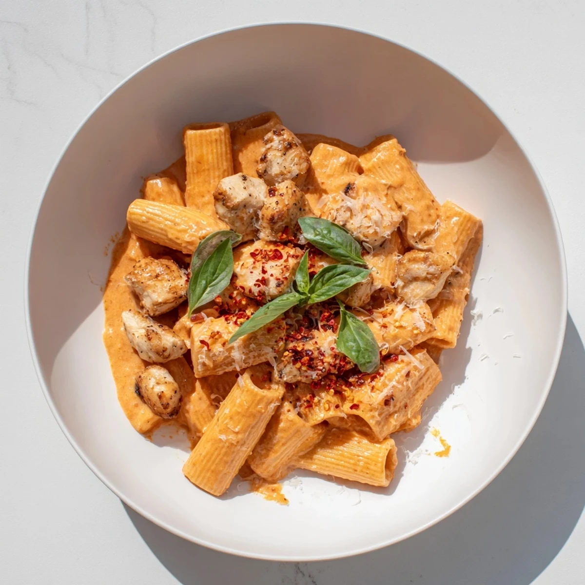 Creamy Spicy Vodka Chicken Pasta, topped with fresh basil and Parmesan, ready to eat.