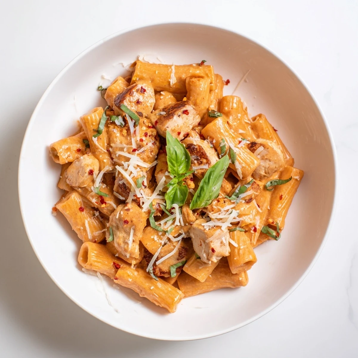 A close-up of a rich, red Spicy Vodka Chicken Pasta dish, with chili crisp and herbs.