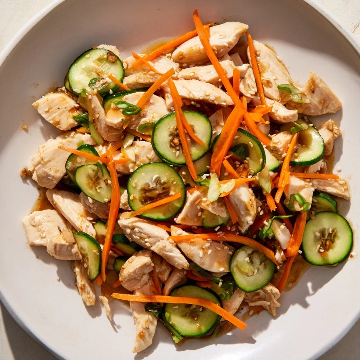 Vibrant photo of the deli container shaker chicken salad showcasing fresh vegetables and savory dressing.