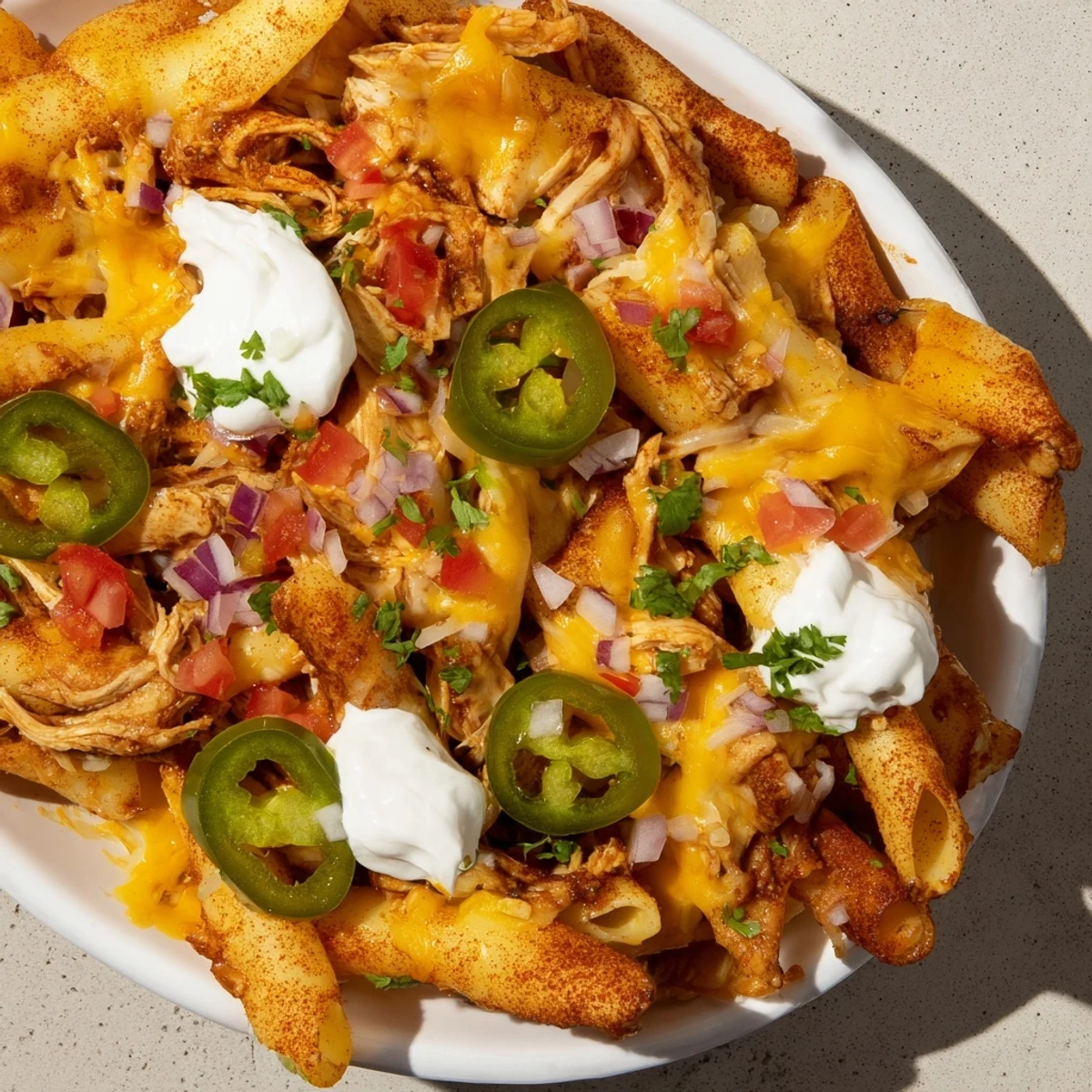 Pasta Chip Nachos feature crispy air-fried pasta, savory taco chicken, melted cheese, offering delightful textures.
