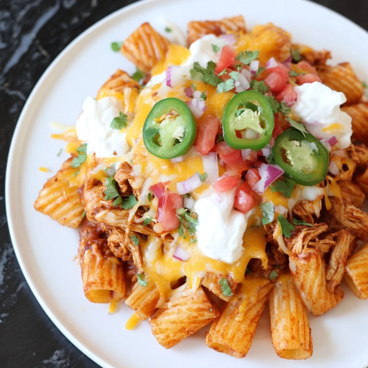 These Pasta Chip Nachos showcase a perfect blend of spicy jalapeños, cooling sour cream and crunchy pasta.
