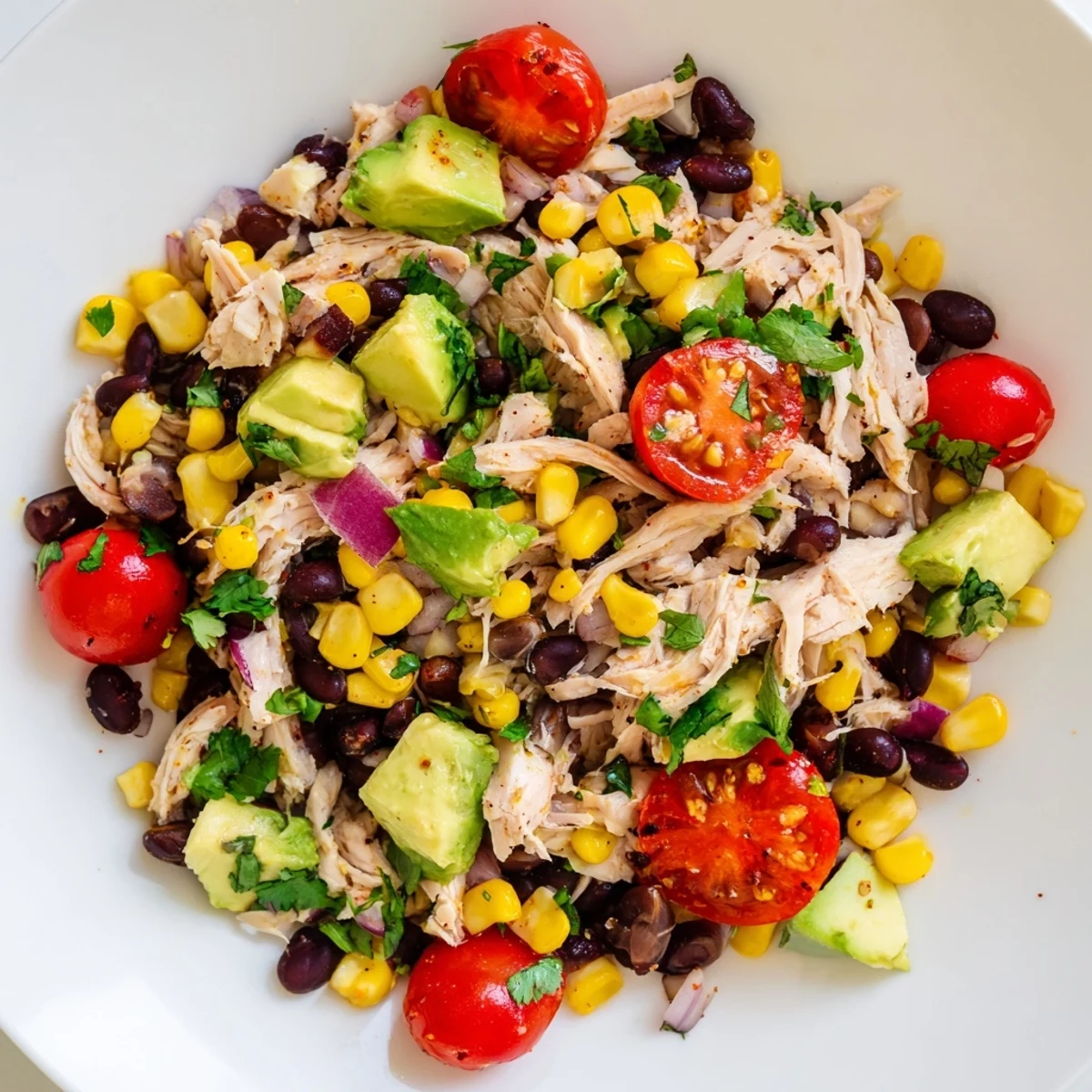 A vibrant bowl of the Dense Southwestern Bean Salad, full of colorful, fresh ingredients.