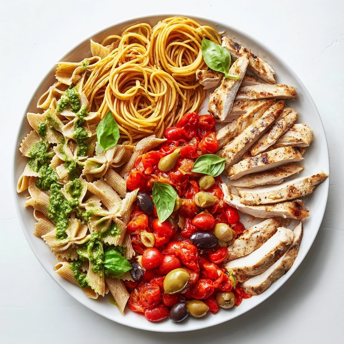 Girl Dinner Pasta Board, a colorful shareable platter with varied pasta shapes, fresh sauces, and grilled chicken.