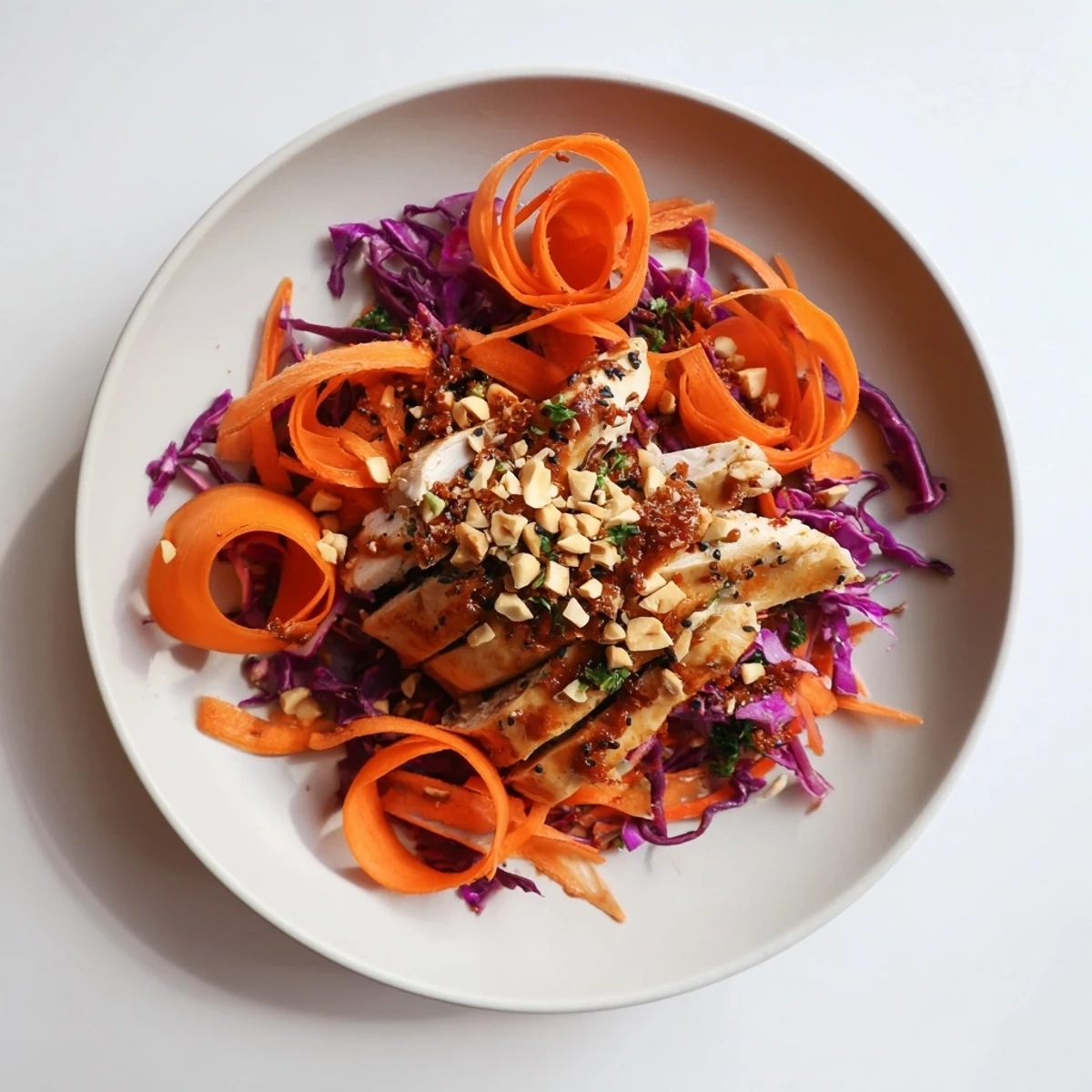 Fresh Carrot Ribbon and Chicken Slaw, brightly colored with vibrant carrots and zesty dressing.