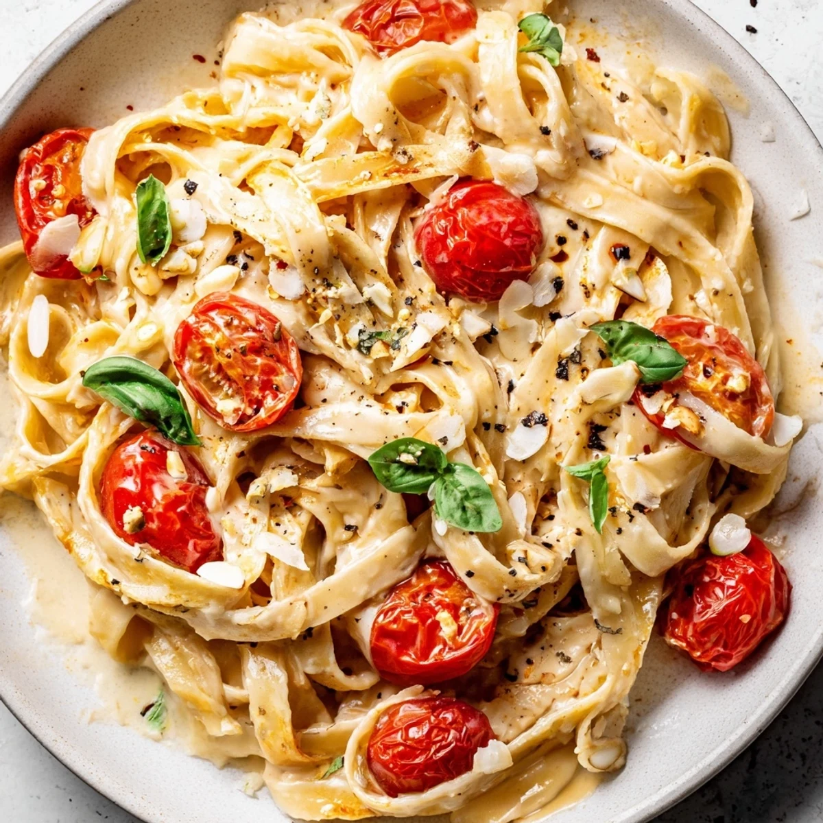 Baked Brie Pasta Sauce: A bubbling baking dish filled with creamy, melted brie and sweet cherry tomatoes.