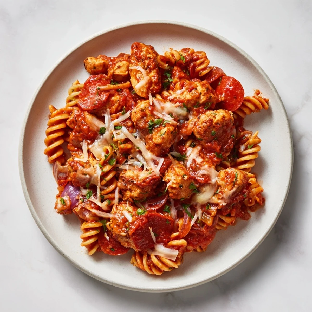 This delicious One-Pan Pizza Pasta combines savory chicken and vegetables with bubbly cheese and flavorful sauce.