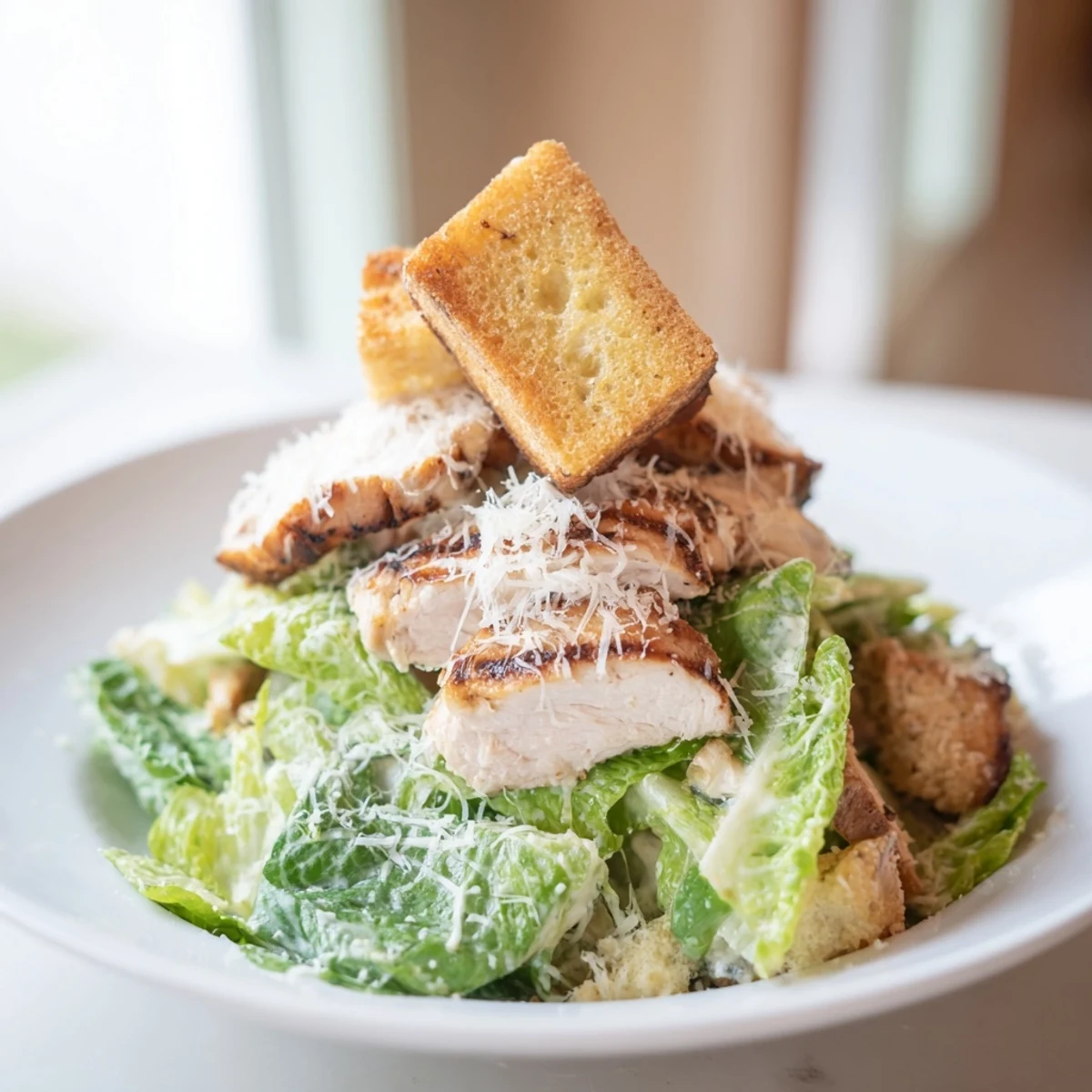 Grilled Chicken Caesar Salad Skewers: a close-up shows skewers with grilled chicken, crisp romaine, and a creamy dressing.