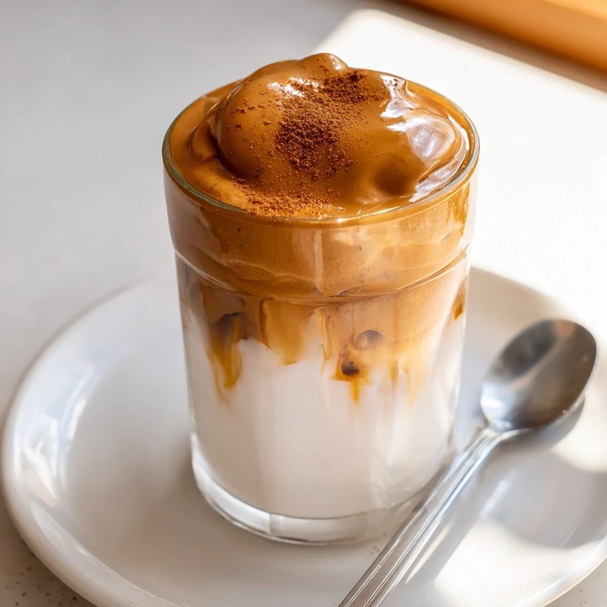 Fluffy, caramel-sweet Brown Sugar Dalgona Latte sits atop creamy milk, a delightful coffee treat.