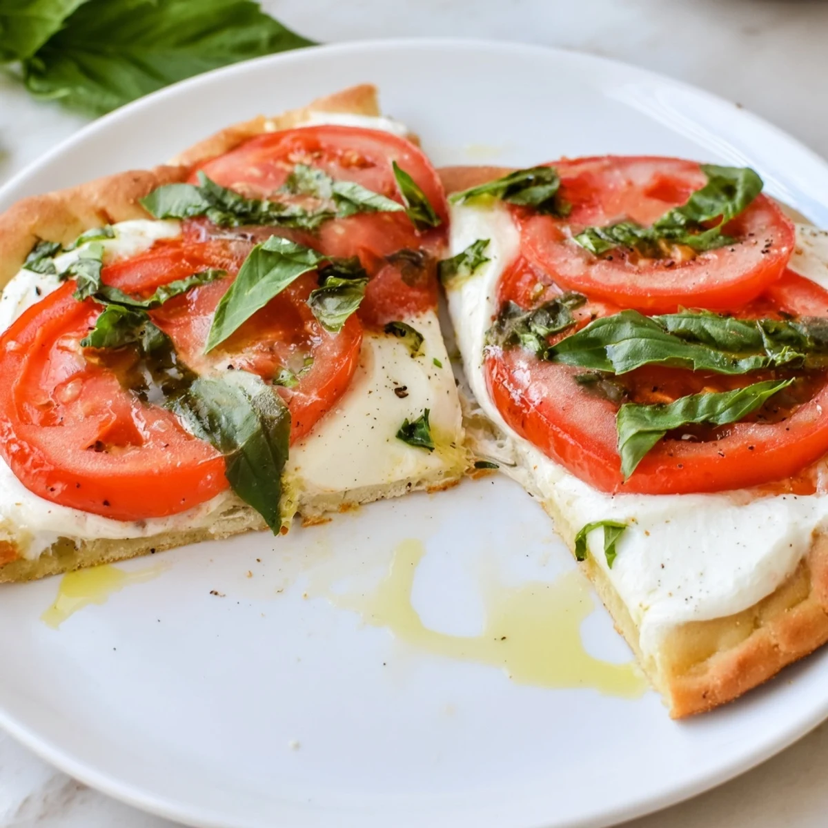 Quick Margherita Naan Pizza with melted mozzarella, ripe tomatoes, and fresh basil, ready to enjoy.